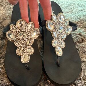 Black wedge Sandals with Crystal Embellishments